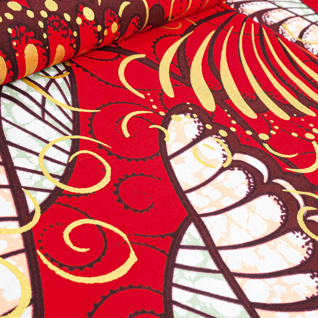 Red Wax Fabric with Gold Lurex Pattern - Maison Klem